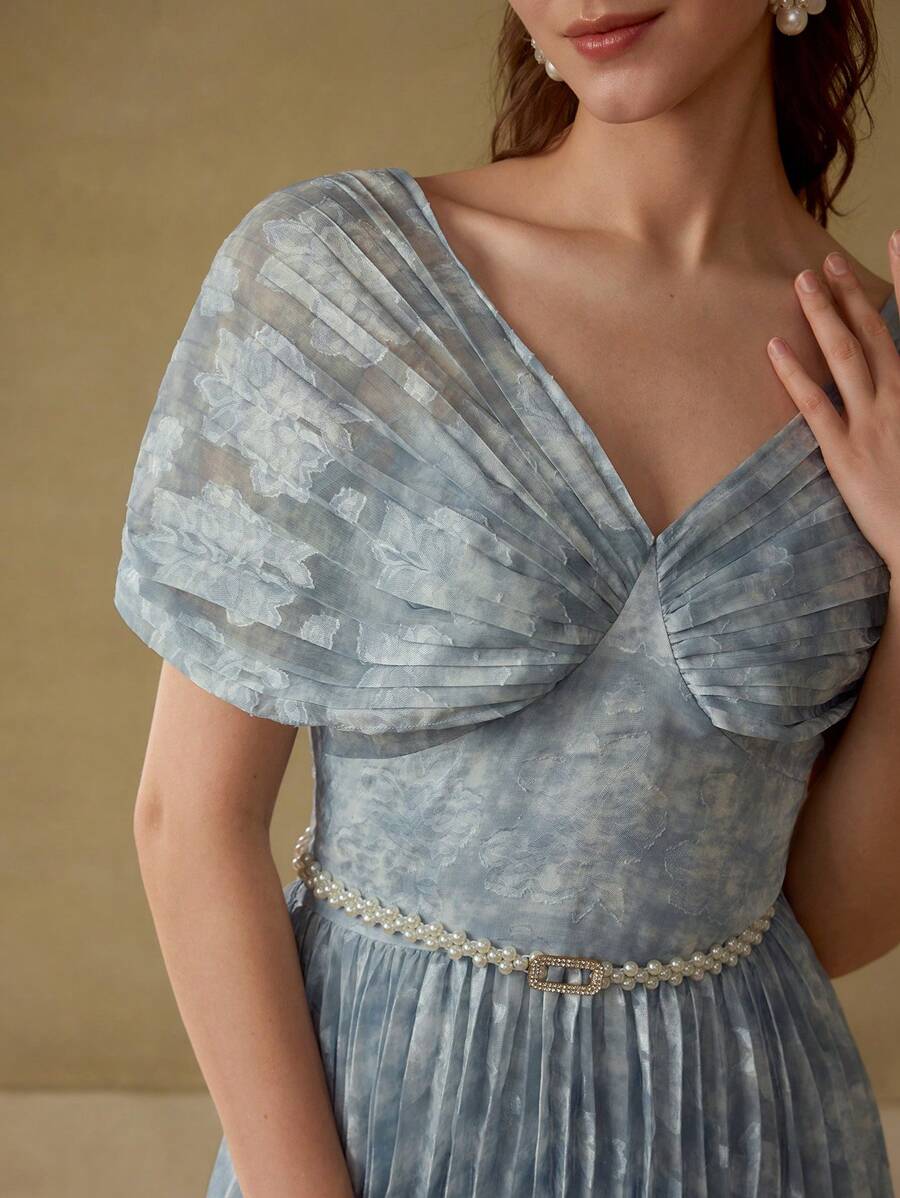 MOTF PREMIUM 褶饰扎染提花连衣裙搭配仿珍珠腰带 - 淺藍色 - 查看 2