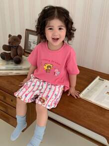 Hapijoa Toddler Girl Casual Round Neck Cartoon Print T-Shirt And Plaid Shorts Set, Home Outfit