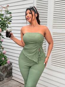 SHEIN EZwear Bộ 2 món: Áo Bandeau màu cà phê và quần ống loe, cỡ lớn, quần áo xuân hè - xanh quân đội - Xem 5