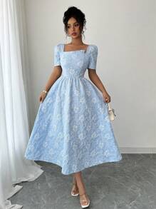 Elenzga 全新女式纹理花卉梭织面料纯色短袖不对称露背修身时尚年轻通勤休闲束腰修身优雅精致年轻百搭中长意大利连衣裙 - 藍色 - 查看 5