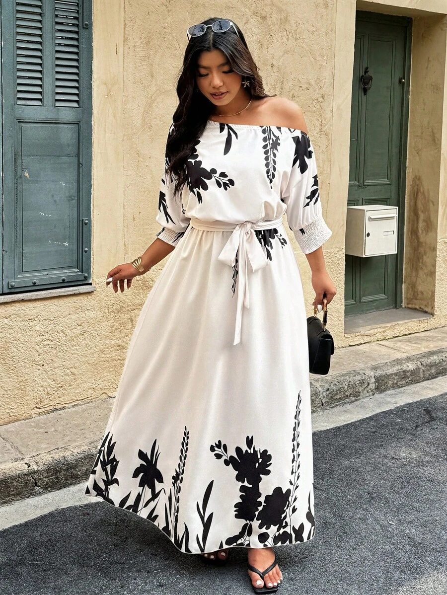 Breezaya Đầm in hoa cổ bất đối xứng thường ngày mùa hè cỡ lớn cho nữ - Nhiều màu - Xem 1