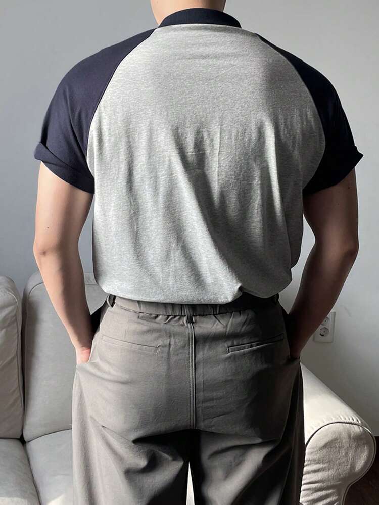 Summer Men's Letter Print Colorblock Polo Shirt In Grey & Blue