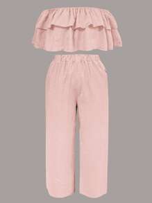 Conjunto de 2 piezas para mujer de talla grande con top de hombros descubiertos y pantalones de pierna ancha - Rosa vieja - Ver 3
