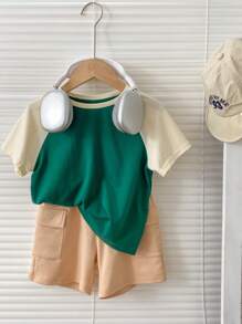 SHEIN 2pcs/Set Pakaian Anak Laki-Laki Kasual Serbaguna dengan Warna Kontras, Terdiri dari Kaos Lengan Raglan dan Celana Pendek - MultiWarna - View 8