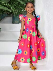 SHEIN Young Girl Fashionable Chiffon Ditsy Floral Sleeveless Snug Fit Slip Dress - Hot Pink - View 3