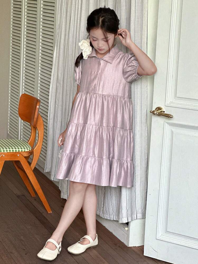 Tween Girls Ruffle Collar Puff Sleeve Mini Dress, Summer