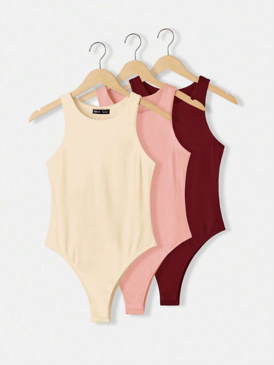SHEIN BASICS Bộ 3 áo liền quần dệt kim cổ tròn không tay màu trơn ôm vừa vặn cho nữ - Nhiều màu - Xem 1