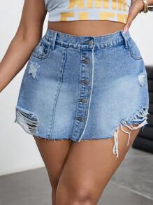 SHEIN EZwear Plus Size Blue Ripped Denim Skort, Casual Fitted Style, Mother's Day,4th Of July,Graduation,Brunch Women Plus Size Asymmetrical Hem Blue Denim Skort Summer - Blue - View 3