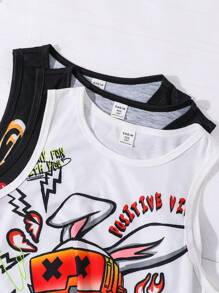 3pcs/Pack Tween Boy Casual Street Graffiti Print Loose Fitting Camisole, Versatile For Commuting, School, Everyday Wear, Sports, Suitable For Spring/Summer