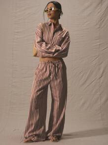 MUSERA Mid Rise Drawstring Waist Wide Leg Trousers Bottom Only Summer Cute Vacation Stripe Holiday Casual - Khaki - View 2