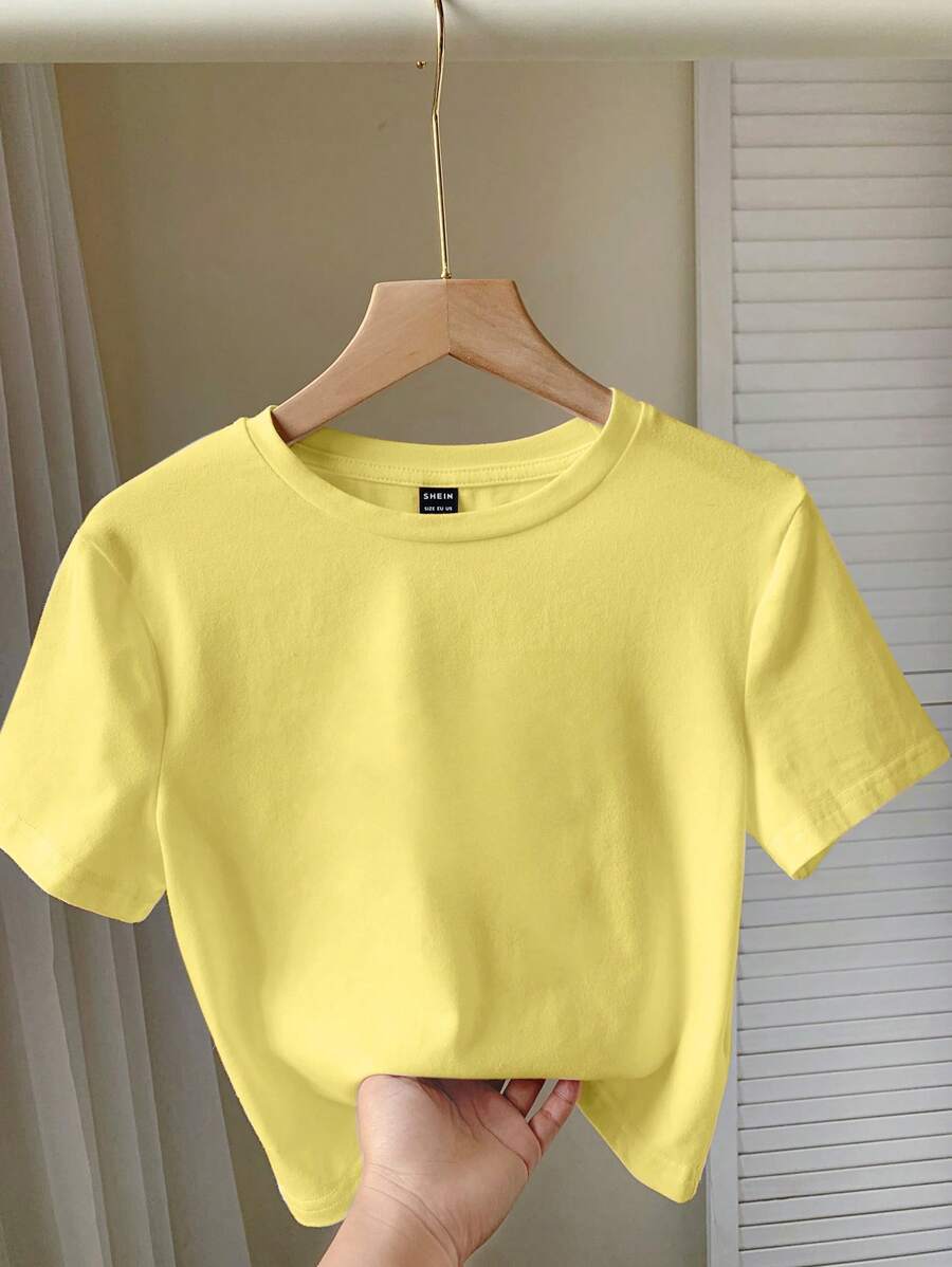 SHEIN EZwear 黄色休闲短款圆领短袖修身女式T恤,适合春秋季节 - 黃色 - 查看 1
