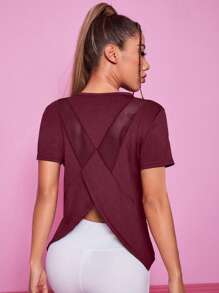 SHEIN Sports Solid Color Crossover Wrapped Design Short Sleeve Activewear T-Shirt, Summer
