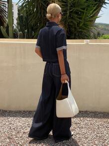 Livesso 女士牛仔两件套服装 - 藍色 - 查看 6