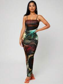 SHEIN SXY Elegant Sexy Fitted Maxi Marble Print Cami Dress Homecoming Dress,Summer Dresses For Women - Multicolor - View 4