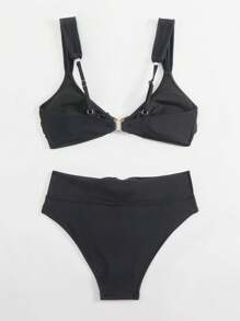 SHEIN 2pcs Set New Solid Color Metal Accessory Halter Bikini High Waist Swimsuit, Beach Vacation Bikini Set - Black - View 3