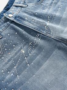 ROMWE MEN Street Life Summer Casual Men'S Fashion Rhinestone Decor Denim Shorts Jorts, Summer - Medium Wash - View 3