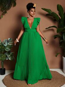 Maweii Vestido elegante con escote en V, mangas tipo casquillo y plisado, para talla grande
