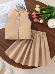 SHEIN 2pcs Girls Military Green Sleeveless Buttoned Top And Skirt Set, Comfortable Casual Fashion Casual Dresses For Girls Classy Girl Dresses For Girls