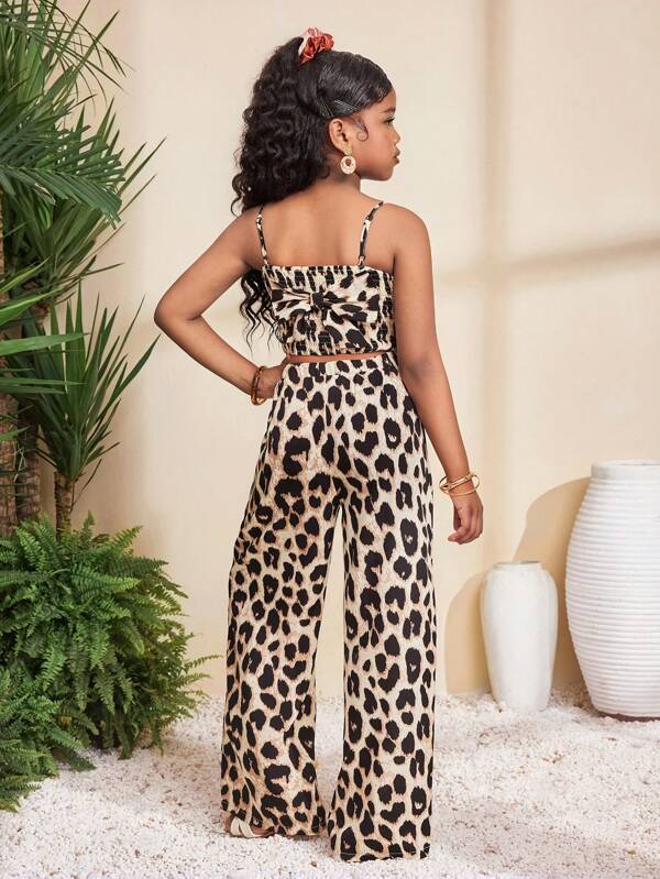 SHEIN Set de vacanță casual din 2 piese pentru fete preadolescente: maiou cu fundă și imprimeu leopard și pantaloni largi cu imprimeu leopard