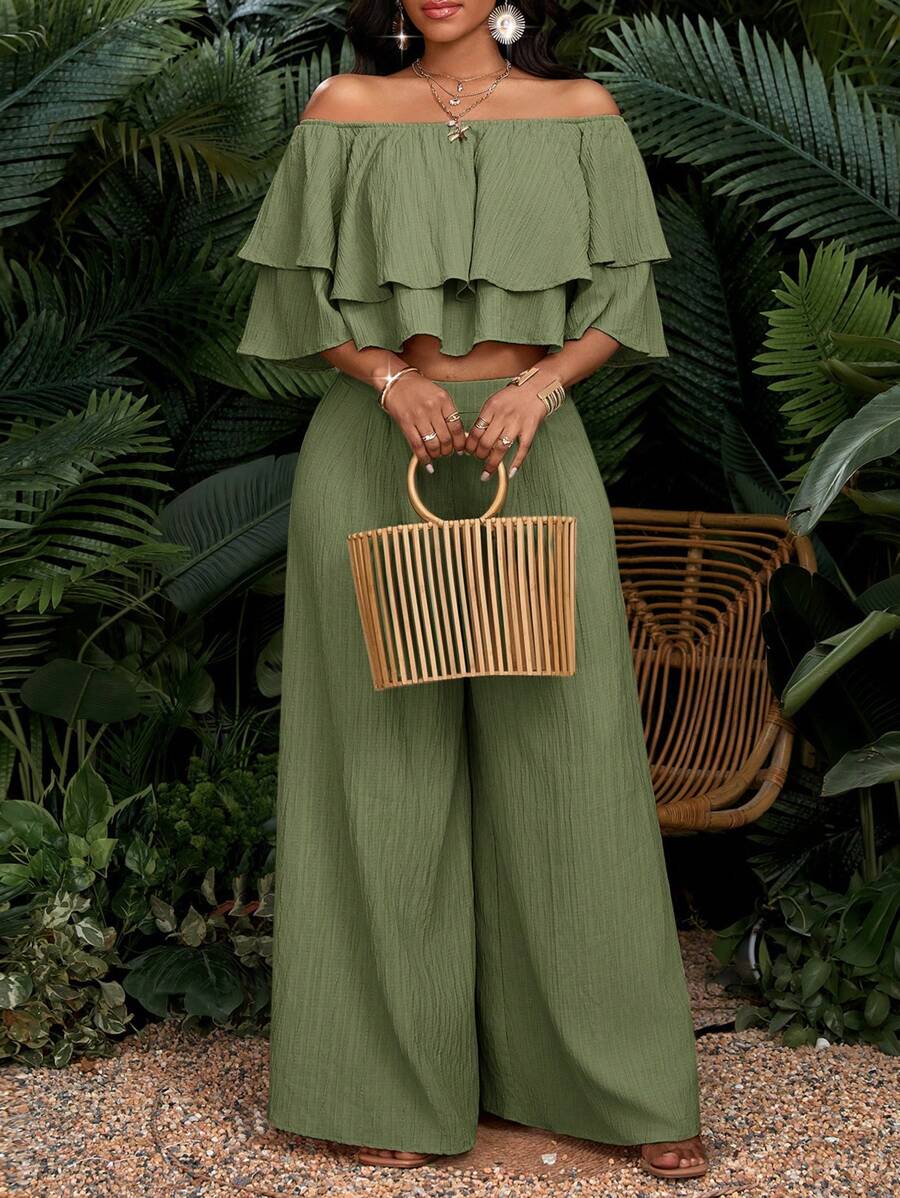 SHEIN Lady Bộ 2 áo trễ vai và quần dài cho nữ, màu trơn, thời trang, thích hợp cho mùa hè - Màu xanh Bạc hà - Xem 1