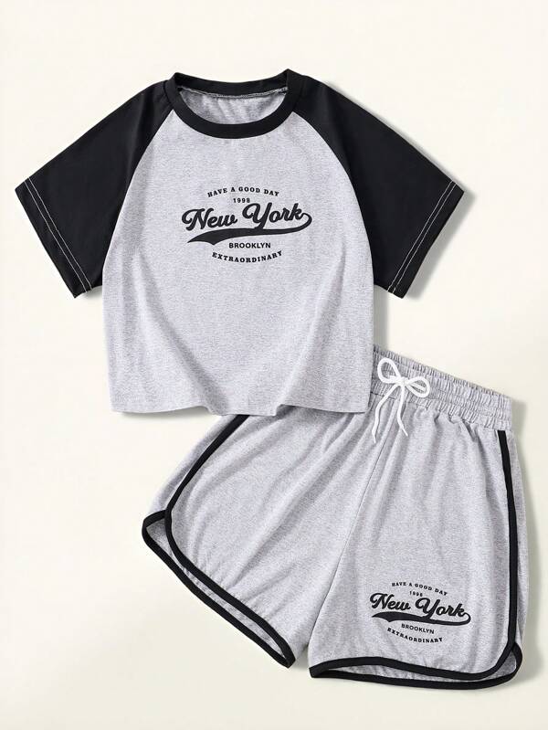 SHEIN Teen Girl Raglan Round Neck Crop Top And Sport Short Set