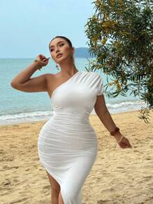 Flirla Plus Size Women Solid Asymmetric Neck Ruffle Slit Thigh Dress - White - View 5