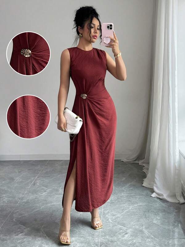 Elenzga Elegantes, simples Damenkleid mit rundem Ausschnitt, geraffter Taille, fließendem, plissiertem Rockteil ohne Ärmel in mittlerer Länge mit Metallschnallen-Verzierung, geeignet für Büro, Lässig und Urlaub