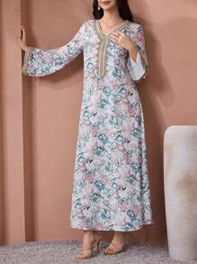 SHEIN Najma Women's Floral Print, Crochet Patchwork, Long Sleeve Dress, Modest Elegant A Line Kaftan & Jalabiya Dress, For Evening Party/Wedding Guest/Anniversary/Daily Wear - Multicolor - View 7