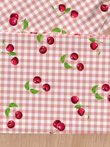 SHEIN 2pcs Tween Girls Minimalist Bow & Cherry Pattern Round Neck Short Sleeve T-Shirt + Cherry Plaid Print Loose Fit Straight Leg Pajama Pants, Casual Sleepwear Set - Multicolor - View 6