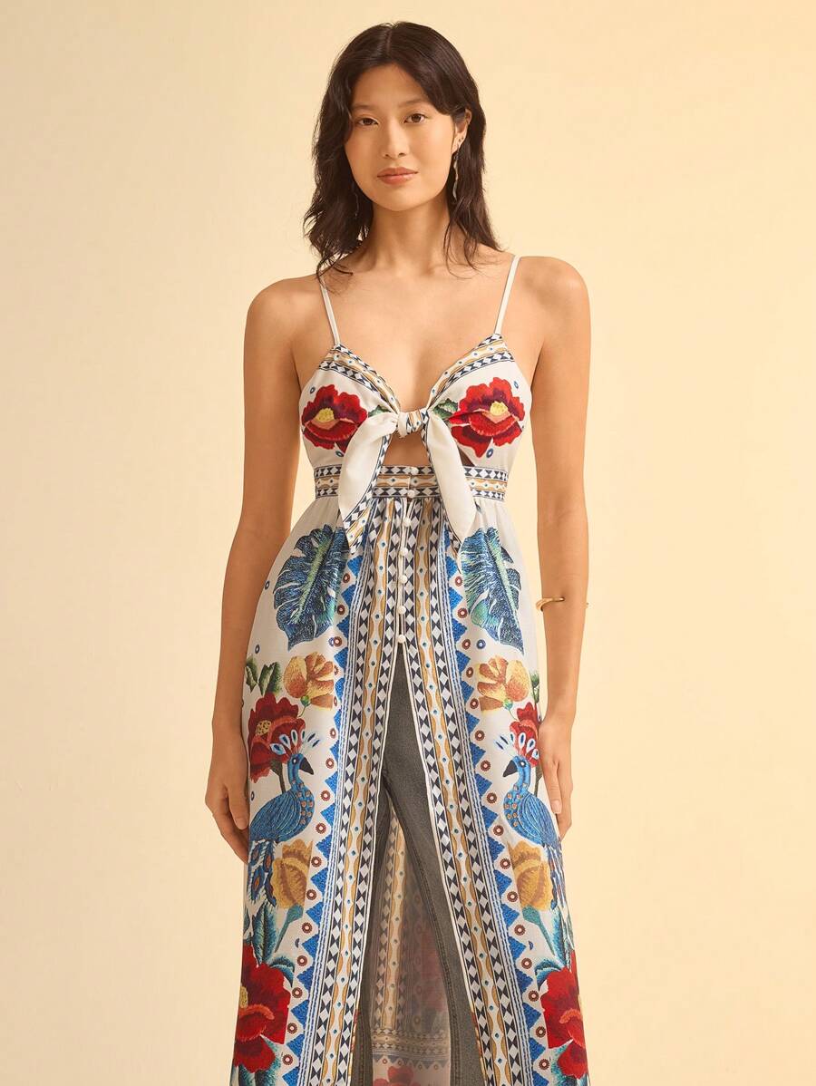 CAJUNI 女式波西米亚结饰浪漫花卉印花吊带背心，休闲夏季海滩度假装