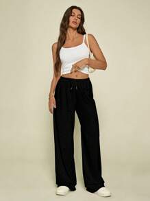 SHEIN Tall 女士夏季休闲运动裤，基础款，适合毕业季、返校季、教师节等场合。 - 黑色 - 查看 5