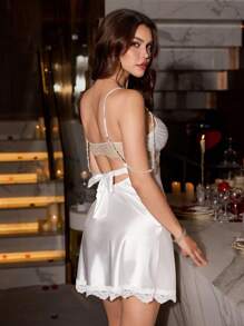 SilkySpell Pearl Beaded Lace Tie Satin-Like Sexy Ladies Nightgown Babydoll Luxeloungewear - White - View 7