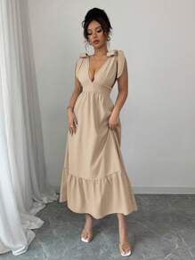 Rafferiza Đầm không tay cổ chữ V thắt nơ thanh lịch, eo rút dây, màu xanh, phù hợp cho mùa xuân/hè - Màu Khaki - Xem 7