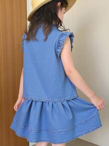 SHEIN Tween Girls Denim Two Pieces Outfits - Medium Wash - View 2