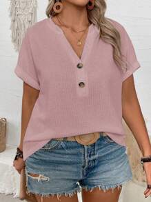SHEIN New Plus Size Women Casual V-Neck Button Loose Raglan Sleeve T-Shirt - Pink - View 3
