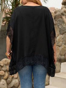 EMERY ROSE 大码休闲纯色蕾丝拼接蝙蝠袖衬衫，适合女士度假夏季朴素风格