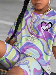 SHEIN Set de 2 piezas de camiseta de manga corta lisa y shorts de verano para niñas preadolescentes