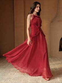 Anewsta Elegante abito midi rosso con spallina a spaghetti, vita arricciata e balza, abito da festa formale di alta qualità mini