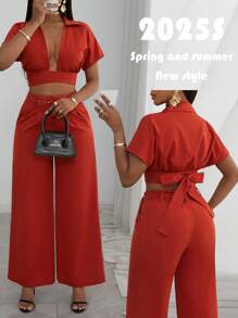 Slaydiva 2025 Summer New Style Mother's Day Birthday Party Graduation Season Student Wear Daily Outing Basic And Versatile Leisure Vacation Cruise Travel Beach Seaside Sunbathing Internet Celebrity Hot Style Elegant Commuter Business Casual Shirt Collar Twist Tie Cropped Ladies Top And Straight Pants Japanese Button Eyelet Belt Brick Red Summer Suit Ladies Two-Piece Suit - Redwood - View 4