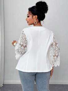 Maweii Plus Size Women Elegant Lace Patchwork Receive Waist A Swing Suit , Spring Summer Graduation,Back To School,Teacher Outfits For Women - White - View 5