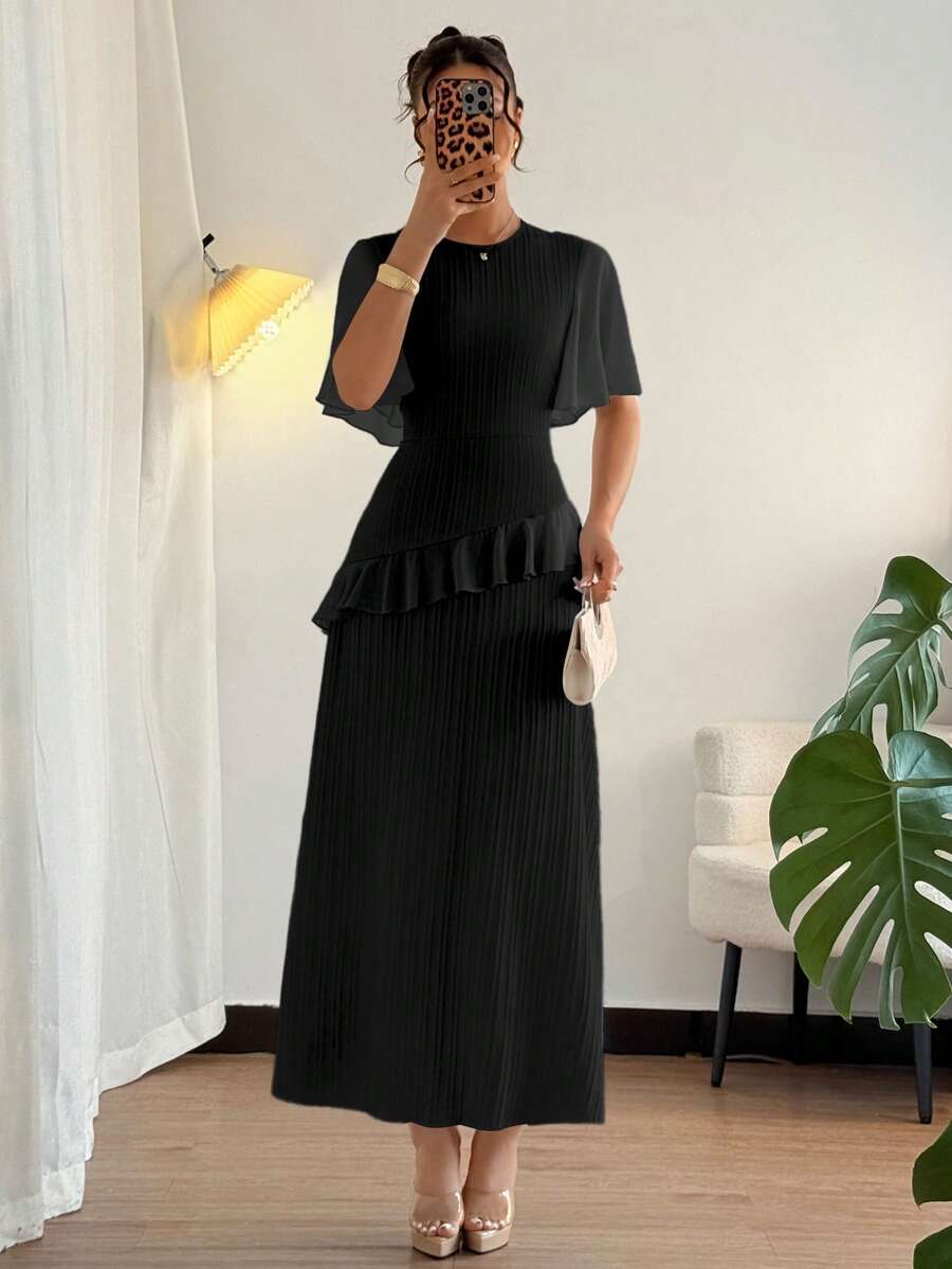 Elenzga New Women Textured Woven Fabric Round Neck Chiffon Patchwork Ruffle Sleeve Fitted Waist Elegant Slimming Long Dress For Dates - Black - View 1