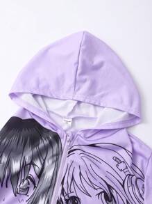 SHEIN Sparklyn 2pcs/Set Teenage Girls Cartoon Print Hooded Sweatshirt And Pants Outfit - Purple - View 3
