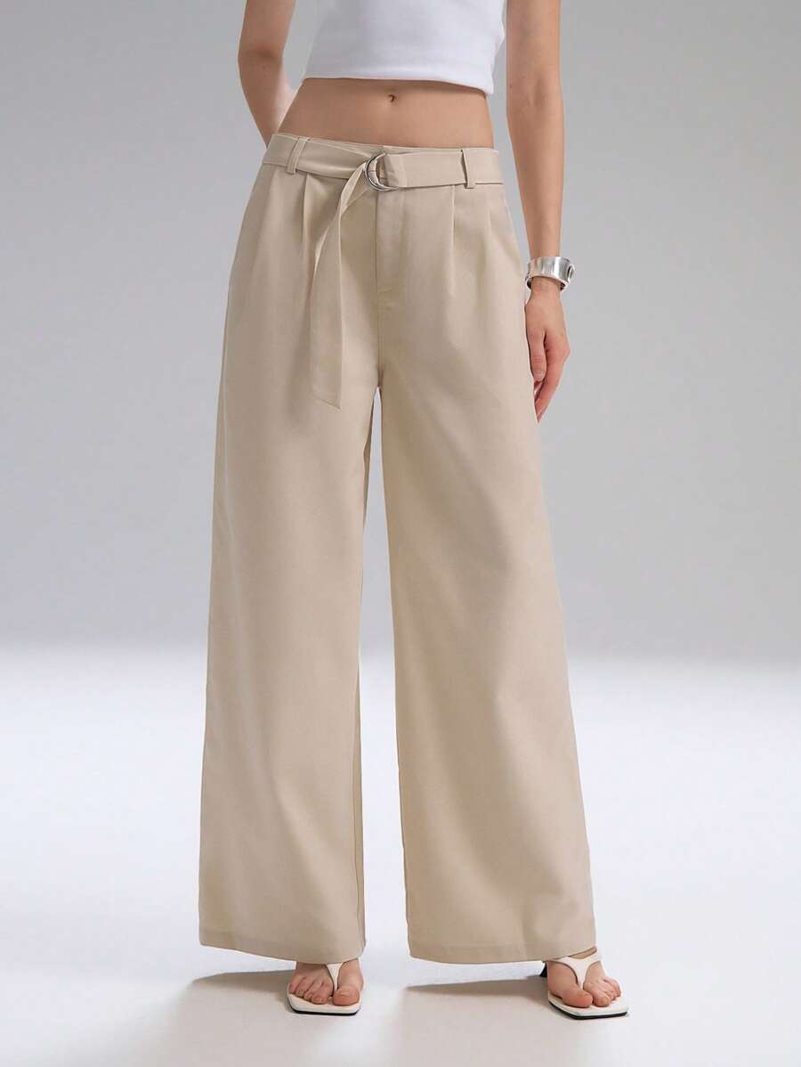 SHEIN EZwear Pantalones de pierna ancha versátiles y a la moda para mujer - Caqui - Ver 1