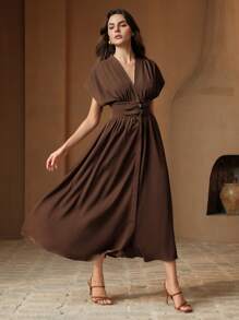 Anewsta 夏季时尚 V 领收腰修身 A 字形荷叶边中长连衣裙，适合节日