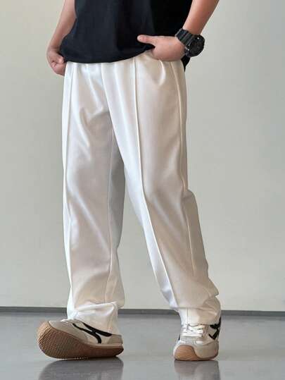 SHEIN 1 件青少年男孩休闲运动学院白色长裤，带口袋牙签折叠装饰，适合返校，适合生日派对、晚会、表演、婚礼、洗礼、开幕式，适合日常穿着，适合上学，适合旅行，适合运动，适合春夏季节