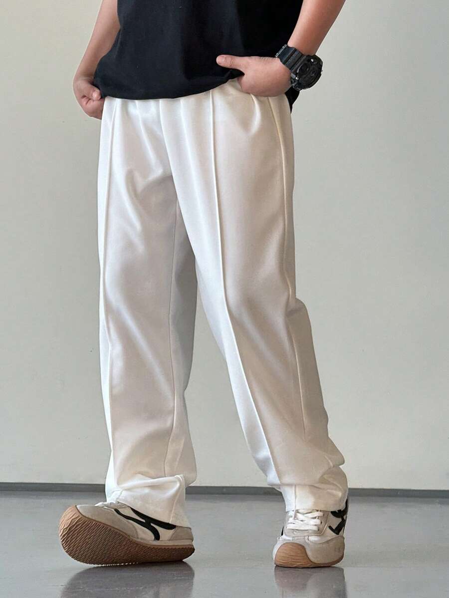 SHEIN 1件青少年男孩休閒運動學院風白色長褲,附口袋與牙籤摺飾,適合學校、夏季、返校季、派對、婚禮 - 白色 - 查看 1