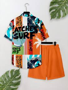 Manfinity RSRT Men All-Over Print Front Button Short Sleeve Shirt And Cargo Shorts Set - Multicolor - View 2