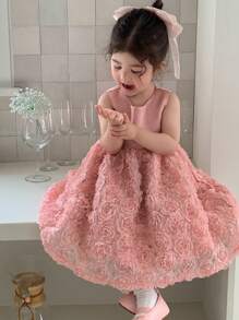 DAZY Toddler Girls' Loose Floral Satin Mid-Length Round Neck Dress - Pink - View 8