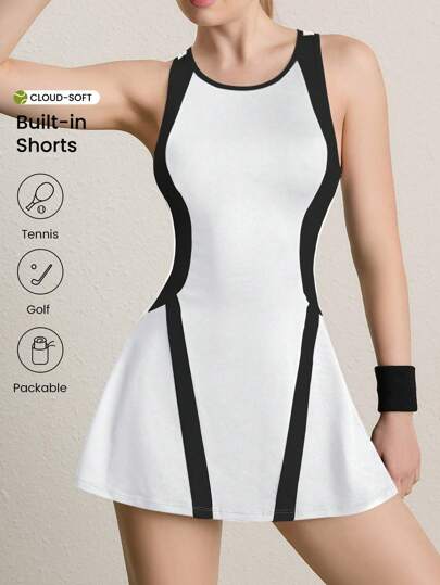 CourtClass 无袖圆领套头拼色运动连衣裙，简约设计