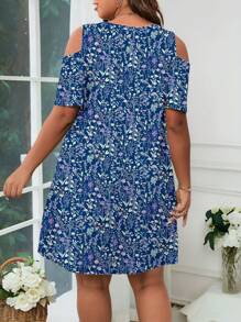 EMERY ROSE Plus Size Women Floral Print Off Shoulder Summer Holiday Dress,Sun Dresses For Women Suitable For Going Out,Flower/Vacation/Spring - Blue - View 2